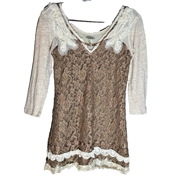 Buckle Sheer Lace Top Womens XS Y2K‎ 90s Embroidered Floral Lace 3/4 Sleeve Boho - Picture 1 of 9